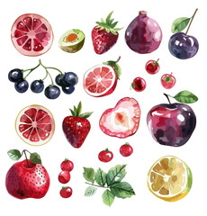 Wall Mural - watercolor red fruits set painting isolated on white, berry ser collection fruits, watercolor style fruits painting