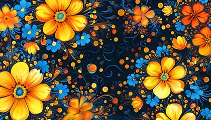 Wall Mural - Vibrant floral mandala featuring bright yellow, orange, and blue blooms against a dark backdrop, ideal for artistic pattern inspiration.