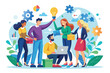 © Ifti Digital - A group of business people brainstorm solutions to teamwork challenges in a collaborative setting, Business people solve teamwork problems with flat illustrations.