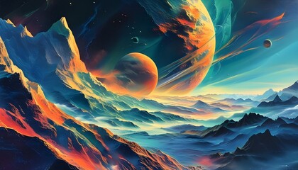 Wall Mural - Vibrant surreal space landscape with abstract mountains and planets, evoking cosmic mysteries in a colorful, dreamlike style