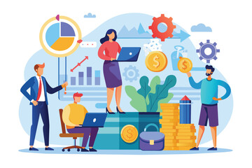 Poster - a team of business people utilizes financial tools to analyze data and strategize for success, busin