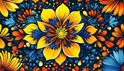 Wall Mural - Vibrant floral mandala featuring bright yellow, orange, and blue blooms against a dark backdrop, ideal for artistic pattern inspiration.