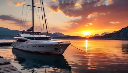 Wall Mural - Golden sunset over a bay with a yacht docked at the pier, bathed in warm tones