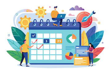 Poster - A vibrant calendar layout highlighting business planning, task scheduling, and project management activities, Business planning calendar illustration