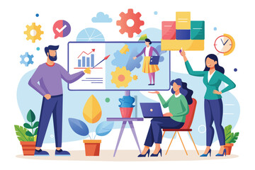 Poster - A group of professionals discusses business solutions while analyzing data on a screen, Business problem solving presentation with flat illustration.