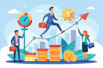 Poster - illustration shows business professionals managing profits with charts and growth symbols in a moder