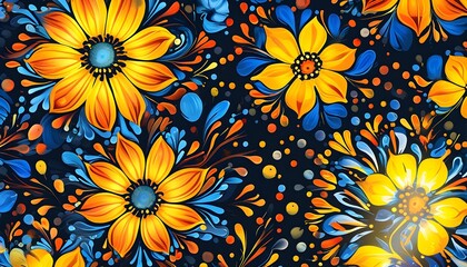 Wall Mural - Vibrant floral mandala featuring bright yellow, orange, and blue blooms against a dark backdrop, ideal for artistic pattern inspiration.