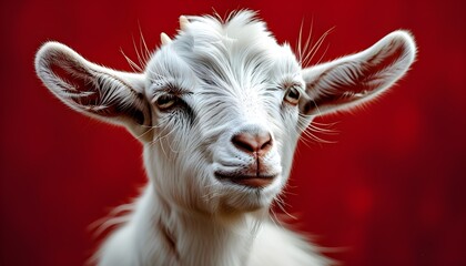 Relaxed white goat with closed eyes and raised head on a vibrant red background