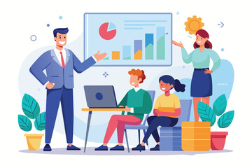 Poster - a team gathers in a vibrant office, discussing business strategies while engaging with a presentatio
