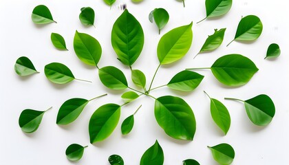 Wall Mural - Minimalist composition of vibrant green leaves in a circular arrangement highlighting natures freshness against a clean white backdrop