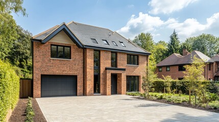 Exterior view of a modern British house, newly built with contemporary design, showcasing clean lines, brick walls, and a paved driveway.