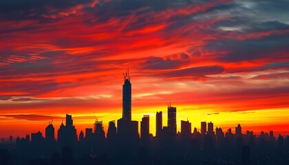 Vibrant sunset painting the sky in red and orange over a city skyline with silhouetted skyscrapers creating a striking silhouette