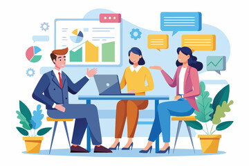 Poster - professionals engage in a business strategy consulting meeting, sharing ideas and analyzing data on 
