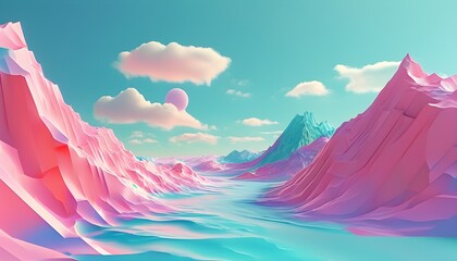 Wall Mural - Surreal 3D Abstract Landscape with Vibrant Colors and Dynamic Shapes