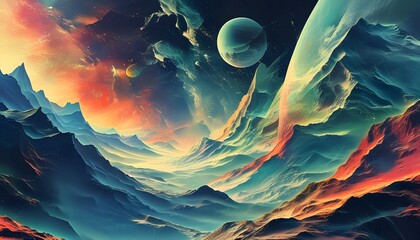 Wall Mural - Vibrant surreal space landscape with abstract mountains and planets, evoking cosmic mysteries in a colorful, dreamlike style