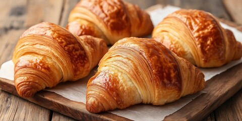 Four croissants are sitting on a wooden cutting board. The croissants are golden brown and appear to be freshly baked. The wooden cutting board adds a rustic and warm touch to the scene