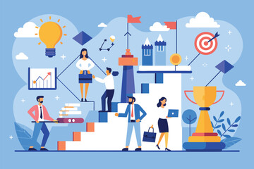 Poster - people collaborate on a business strategy with charts and light bulbs in a vibrant setting, business