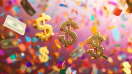 Golden dollar signs floating amidst colorful confetti, symbolizing payday celebration, with a vibrant 3D illustration capturing the excitement of earning money.