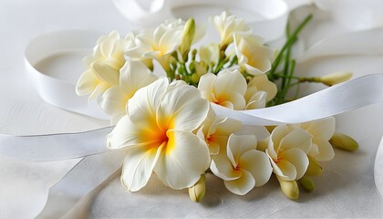 Wall Mural - Romantic pastel frangipani flower adorned with a delicate ribbon on a serene white linen backdrop, evoking tenderness and elegance.