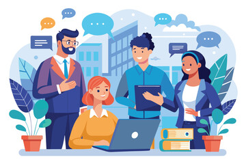 Poster - a business team engages in communication and collaboration at their workstation, sharing ideas and f