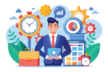 Poster - A businessman holds a tablet in front of clocks, charts, and gears representing time management efficiency, Business time management illustrated in a flat style.