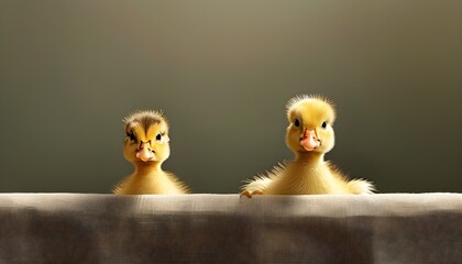 Adorable Baby Ducklings and Chicks Curiously Peeking Over a Table Edge Against a Crisp Background