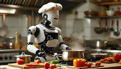 Futuristic chef robot preparing delicious meals in a modern kitchen setting