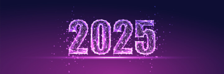 Wall Mural - 2025 New Year horizontal web banner with glowing 2025 digits on purple background. Modern design