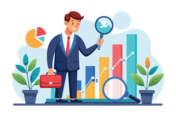 Poster - A businessman studies investment data closely with a magnifying glass while holding a briefcase, Businessman analyzing investment data with magnifying glass and statistics bar.