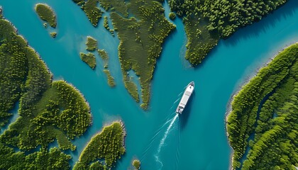 Wall Mural - Scenic aerial view of a boat navigating through lush mangroves in a vibrant archipelago