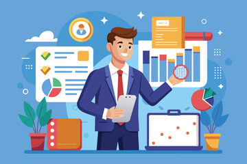 Poster - a businessman is checking off trending items while analyzing data in a professional office setting, 