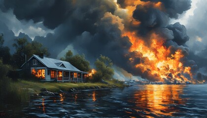 Wall Mural - House by the water engulfed in chaos as a massive firestorm and dark clouds loom ominously in the background