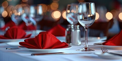 A table dressed in a white cloth and colorful red napkins.