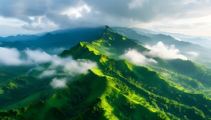 Wall Mural - Majestic aerial landscape of lush green mountains embraced by clouds and illuminated by sunlight breaking through the mist