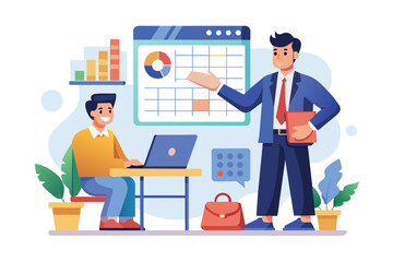 Poster - a businessman discusses project updates with a colleague at a desk, utilizing a calendar and charts,