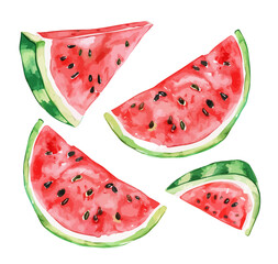 Wall Mural - Pink and Green Watermelon Slice with Seeds set watercolor illustration isolated on a white transparent background. Watermelon is isolated on a white background. Hand-drawn watermelon illustration