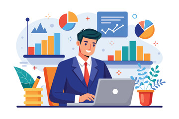 Poster - A businessman studies financial charts on his laptop while surrounded by colorful data visuals, Businessman studying company charts on laptop, flat illustration.