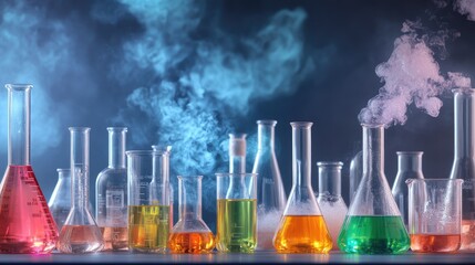 Poster - Various lab glassware filled with colorful liquids and chemical reactions taking place, representing the study of chemistry.