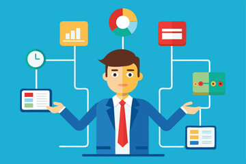 Poster - A businessman reviews a flowchart and data visualizations, showcasing analytical skills at work, Businessman using flowchart and data, simple illustration.