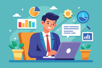 Poster - A businessman is focused on entering data into his laptop amidst colorful charts and plants, Businessman using laptop and entering data, flat illustration.