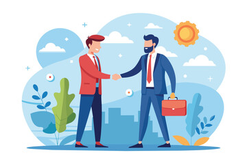Poster - two businessmen engage in a handshake agreement to establish a cooperative partnership in the city, 