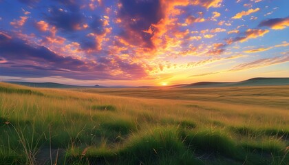 Wall Mural - Dramatic skies over a vast prairie with swaying long grass, capturing the essence of natures beauty in a serene landscape