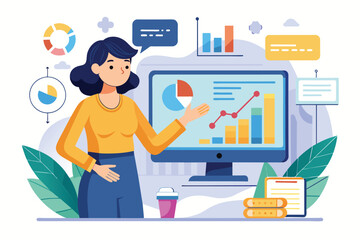 Poster - A businesswoman analyzes charts and data displayed on a screen in a contemporary workspace, Businesswoman analyzing data on a screen, simple illustration.