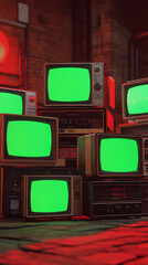 Poster - vertical 3d rendered stack of classical old televisions, green screen tv monitors panorama vintage chrome key vintage minimal element cinematic red lighting composition dynamic scene reel background