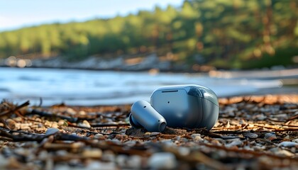 Bluetooth earphones nestled on a beach rimmed by lush forest, blending technology with serene natural beauty