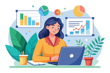 Poster - a focused businesswoman studies data on her laptop surrounded by charts and greenery in a bright off