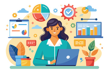 Poster - A businesswoman focuses on her laptop, using flat illustrations to enhance a project while surrounded by charts, Businesswoman using flat illustrations for project planning and project management.
