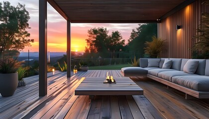 Stunning outdoor deck bathed in warm sunset glow, showcasing natures beauty and tranquility with a hint of modern design