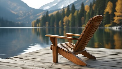 Wall Mural - Tranquil lakeside retreat with wooden chairs on a sunlit deck