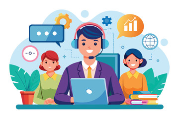 Poster - Daytime call center operator helping customers in a modern office, Call center operator assisting customers with information and support, illustrated in a flat design.